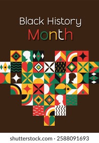 A heart-shaped vector illustration celebrating Black History Month, combining colorful motifs and silhouettes, perfect for cultural and educational projects.