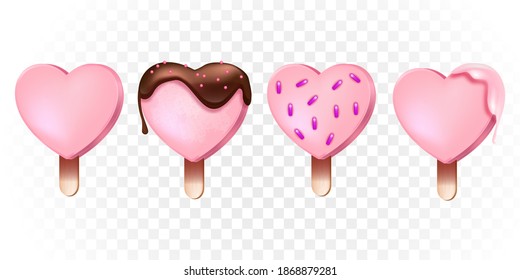 Heart-shaped vector popsicle romantic collection with pink ice-creams on wooden stick, chocolate glaze. Valentine’s Day love set with 3D cold dessert on transparent background. Heart shaped popsicles