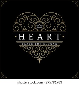 Heart-shaped vintage luxury logo template with flourishes elegant calligraphic design elements. Restaurant, boutique, cafe, hotel, jewelry, heraldic identity. Wedding symbol. Vector illustration