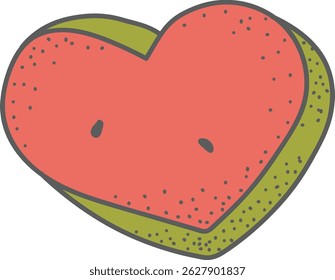 A heart-shaped watermelon slice with seeds in a cartoon style. The fruit is depicted with a thick outline and textured surface. Cartoon vector illustration.