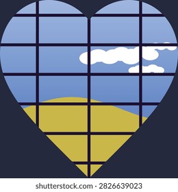 A heart-shaped window frame looking out onto a peaceful landscape.