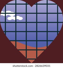 A heart-shaped window frame looking out onto a peaceful landscape.