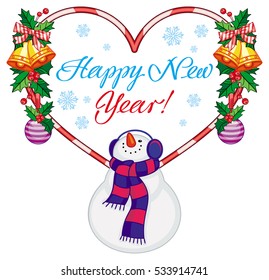 Heart-shaped winter holiday label with snowman and greeting text: "Happy New Year!". Christmas design element. Vector clip art.