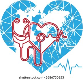 Heart-shaped world map with stethoscope, representing global health and care