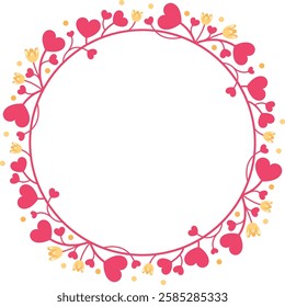 Heart-shaped wreath of flowers, round photo frame with a love theme for Valentine's Day and wedding invitations, circle of branches and yellow-orange flowers