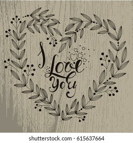 Heart-shaped wreath made of branches and leaves, linear pattern