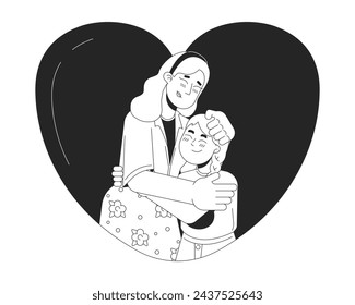 Heart-shaped young daughter mother hug black and white 2D line cartoon characters. Heartshaped mom and child caucasian isolated vector outline people. Caring monochromatic flat spot illustration