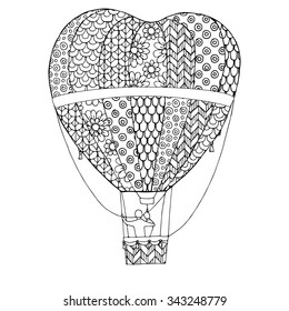 Heart-shaped  zentangle hot air balloon,  vector design for Valentine's Day