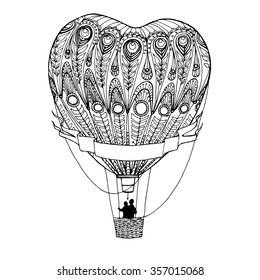 Heart-shaped zentangle hot air balloon with banner, vector design for Valentine's Day