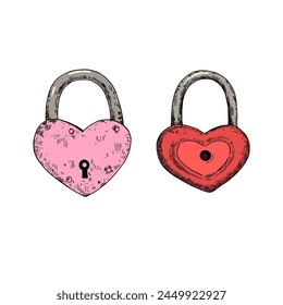 Heart-shapes padlocks in retro style. Hand-drawn design elements. Vector illustration.