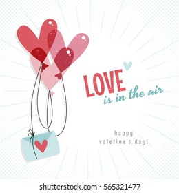 Heart-sharped balloons with love letter. Valentine's Day card. Love is in the air. Vector illustration.