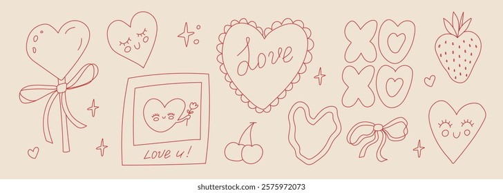 Heart-themed doodles featuring various shapes and expressions of love in a playful and artistic style