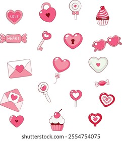 Heart-Themed Romantic Illustrations Featuring Cute Locks, Keys, Balloons, Sweets, and Letters for Whimsical Designs