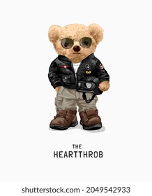 heartthrob slogan with bear doll in leather jacket and sunglasses vector illustration