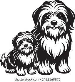A heartwarming 3D render of a Havanese dog gently tending to her playful, tiny puppy,black white background silhouette vector illustration