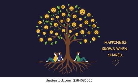 A heartwarming banner with a tree full of smiling faces, symbolizing how happiness grows when shared, with people relaxing under its roots, spreading positivity.