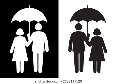 A heartwarming black silhouette vector illustration of a couple standing together under an umbrella