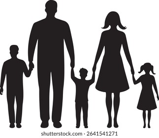 Heartwarming black vector silhouette of a family walking hand-in-hand. Perfect for family-oriented designs, parenting themes, and community graphics.