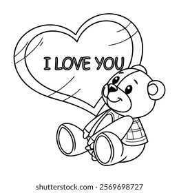 A heartwarming black and white coloring page features a cuddly teddy bear holding a large heart shape with the words "I Love You" written on it.