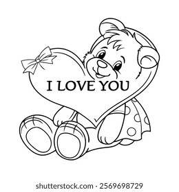 A heartwarming black and white coloring page features a cuddly teddy bear holding a large heart shape with the words "I Love You" written on it.