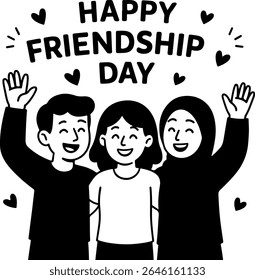 A heartwarming black and white vector illustration celebrating Friendship Day, featuring three diverse friends standing together, symbolizing unity and togetherness. 