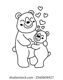  A heartwarming black-and-white drawing of a parent bear hugging a baby bear, surrounded by floating hearts, representing love, family, and affection.