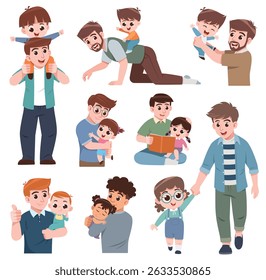 A heartwarming cartoon collection showing various joyful moments between fathers and their children. Scenes include reading, playing horsey, lifting kids, holding hands, hugging