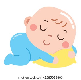 A heartwarming cartoon illustration of a baby peacefully sleeping while hugging a soft yellow pillow.