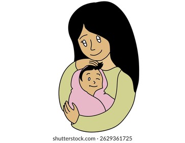 A heartwarming cartoon illustration depicts a tender moment between a mother and her baby