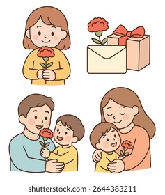 A heartwarming cartoon illustration of a family giving carnations and gifts to parents
