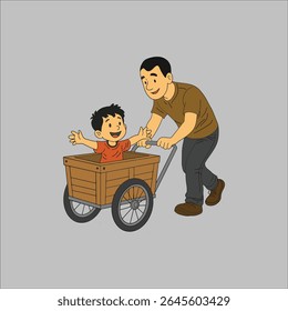 A heartwarming cartoon illustration of a happy father pushing his joyful son in a wooden cart. The boy is smiling with arms wide open while the dad looks cheerful and caring. This fun and loving famil