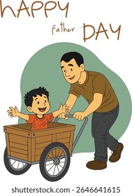 A heartwarming cartoon illustration of a happy father pushing his joyful son in a wooden cart The boy is smiling with arms wide open while the dad looks cheerful and caring. This fun and loving family