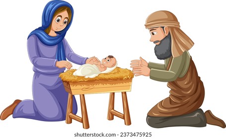 A heartwarming cartoon illustration of Mary giving birth to Jesus, with Joseph supporting her