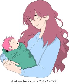 A heartwarming cartoon illustration of a mother with long pink hair gently holding her sleeping newborn wrapped in a green blanket, expressing warmth and love