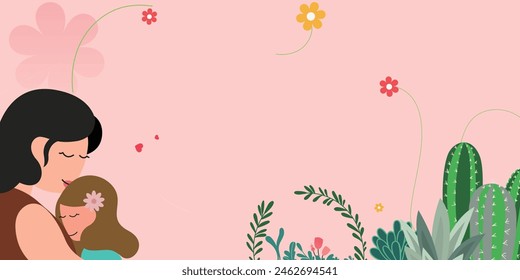 A heartwarming cartoon illustration of a mother lovingly embracing her daughter. 