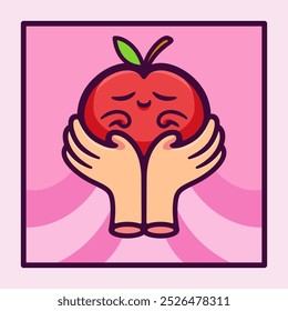 Heartwarming Cartoon Vector Illustration of Hands Cradling a Happy Red Apple with a Cute Face Against a Soft Pink Background