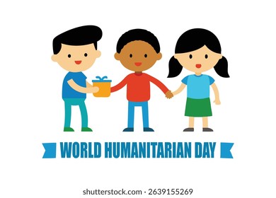 Heartwarming cartoon vector of smiling volunteer helping children under World Humanitarian Day banner. Inclusive scene, white background. Great for aid, kindness, and charity-related themes.