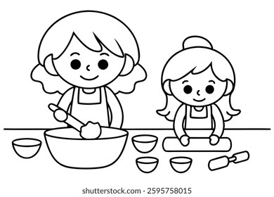 Heartwarming and Cheerful Coloring Page of a Mother and Daughter Baking Together in the Kitchen.