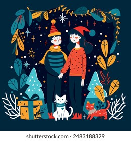 A heartwarming Christmas card unfolds in this flat vector scene. A loving couple, faces beaming with joy, snuggle on a cozy couch. Playful cats, adorned with festive bows, curl up at their feet. 
