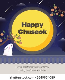 A heartwarming Chuseok (Korean Thanksgiving) illustration featuring a bright full moon, a rabbit sitting on a traditional tiled wall under a starry night sky with persimmon branches