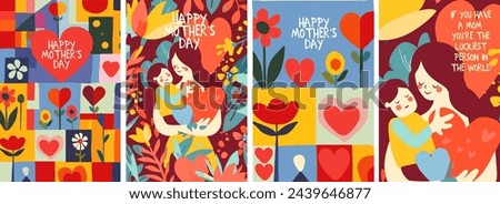A heartwarming collection of four Mother's Day vector illustrations, featuring joyful patterns of heart-shaped flowers and a tender moment between a mother and child.