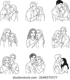 A heartwarming collection of nine minimalist line art illustrations depicting diverse couples in various affectionate and intimate poses