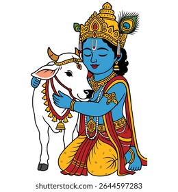 A heartwarming and colorful vector illustration depicting Lord Krishna lovingly embracing a white cow