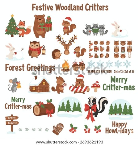 A heartwarming and comprehensive vector clipart bundle for a "Festive Woodland Critters" theme. This collection features friendly, modern cartoon-style woodland animals engaging in charming festive ac