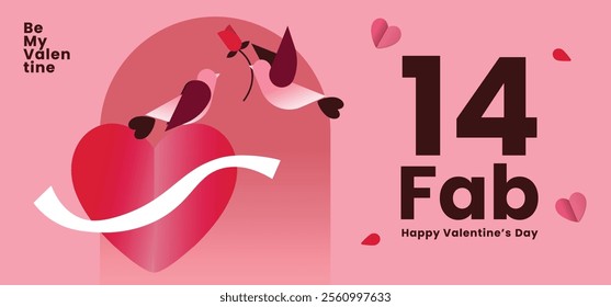 Heartwarming Valentine’s Day design with a pink theme, featuring two lovebirds, a heart and rose elements in a flat illustration style. Perfect for romantic celebrations and festive greetings.