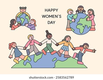 A heartwarming Women’s Day illustration featuring diverse women embracing the Earth and walking hand in hand to symbolize unity and equality. Minimalist flat design with soft pastel tones.