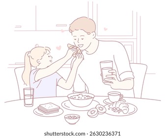 A heartwarming and delightful scene depicts a loving father and his daughter enjoying breakfast together