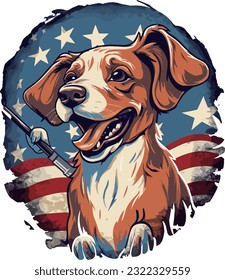 A heartwarming depiction of a lovable dog joyfully embracing an American flag