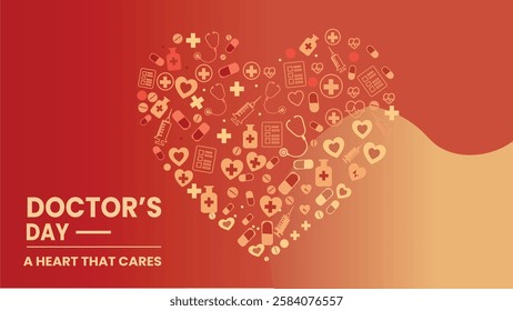 A heartwarming Doctor's Day banner featuring a heart formed from medical symbols, representing the compassionate care doctors provide in healing and saving lives.