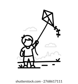 A heartwarming doodle illustration capturing a young child's joyful experience of flying a colorful kite, symbolizing outdoor play, freedom, and the delightful innocence of childhood